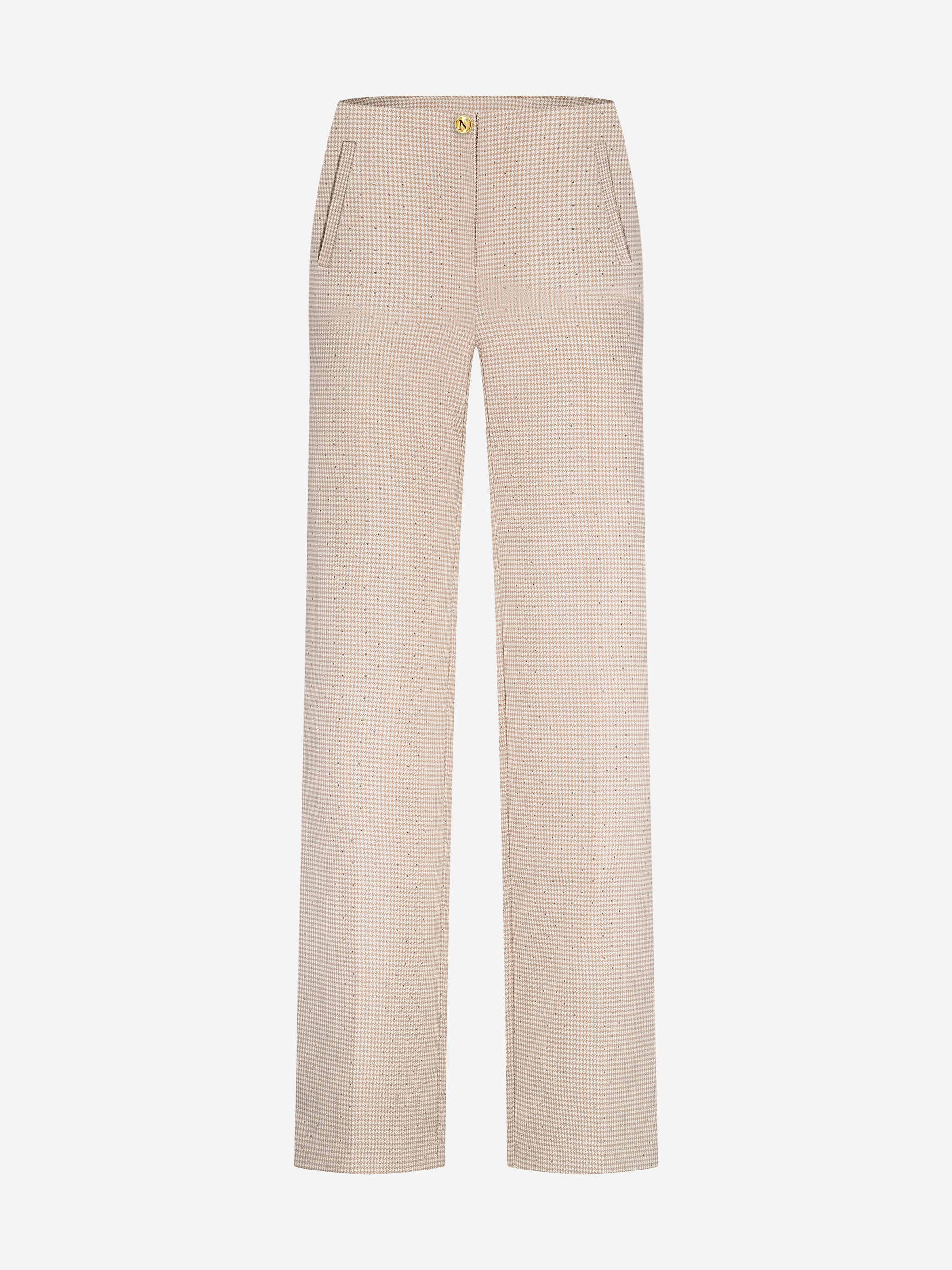 Pants with pied-de-poule pattern and rhinestones