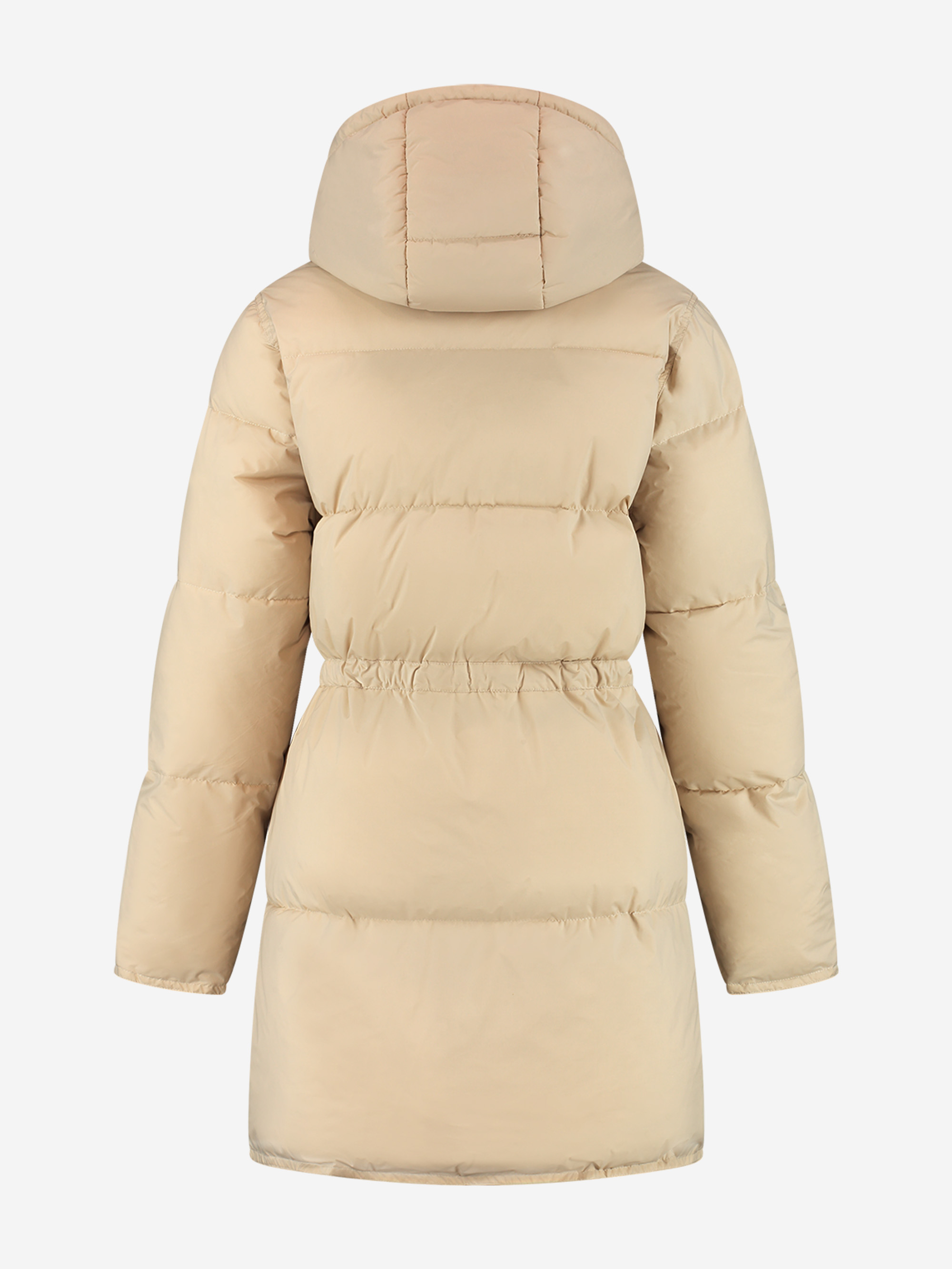 Puffer jas met capuchon en ceintuur