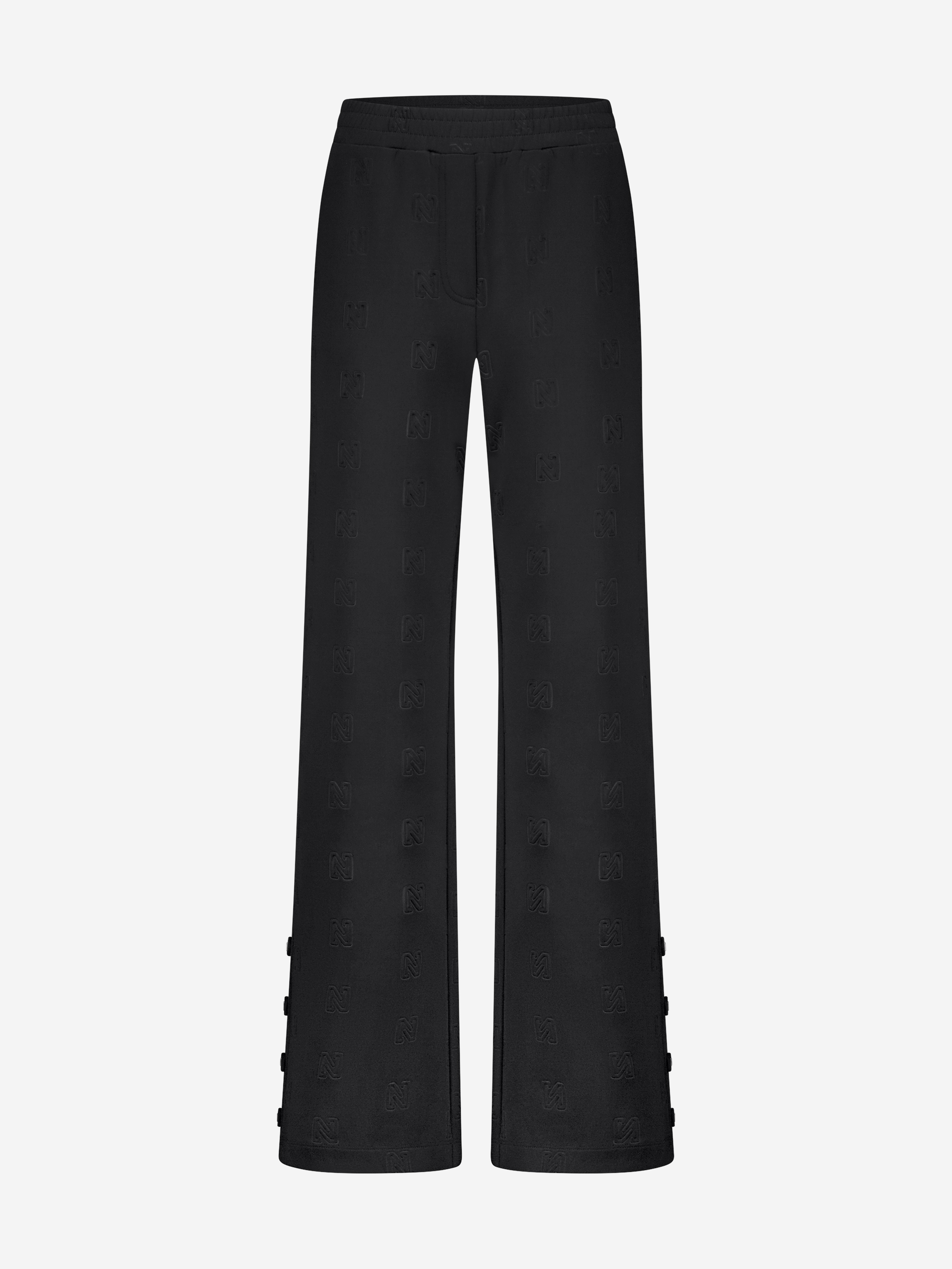 Loose-fitting pants with logo pattern and decorative buttons