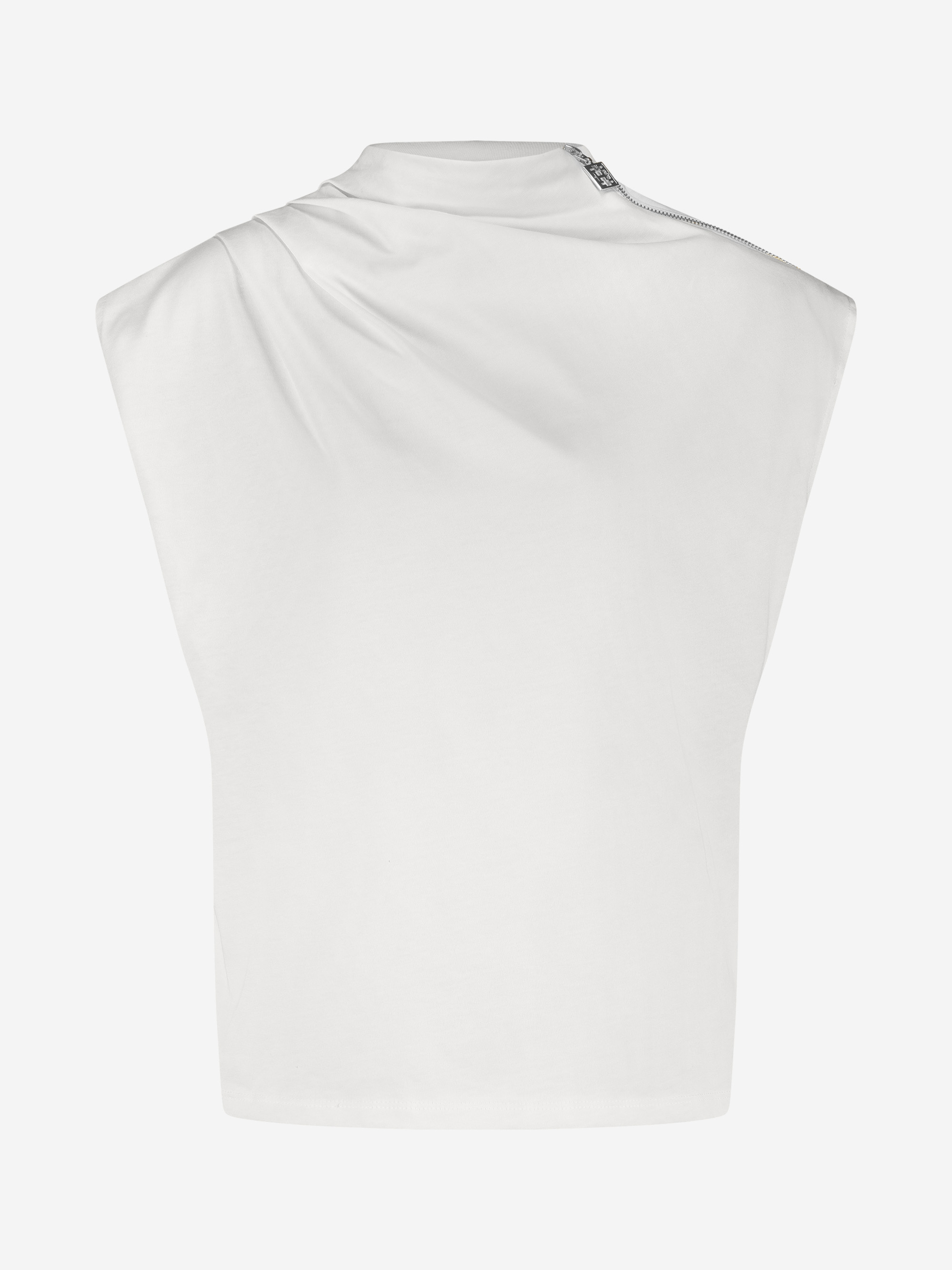 Top met draperende halslijn en rits detail op schouder
