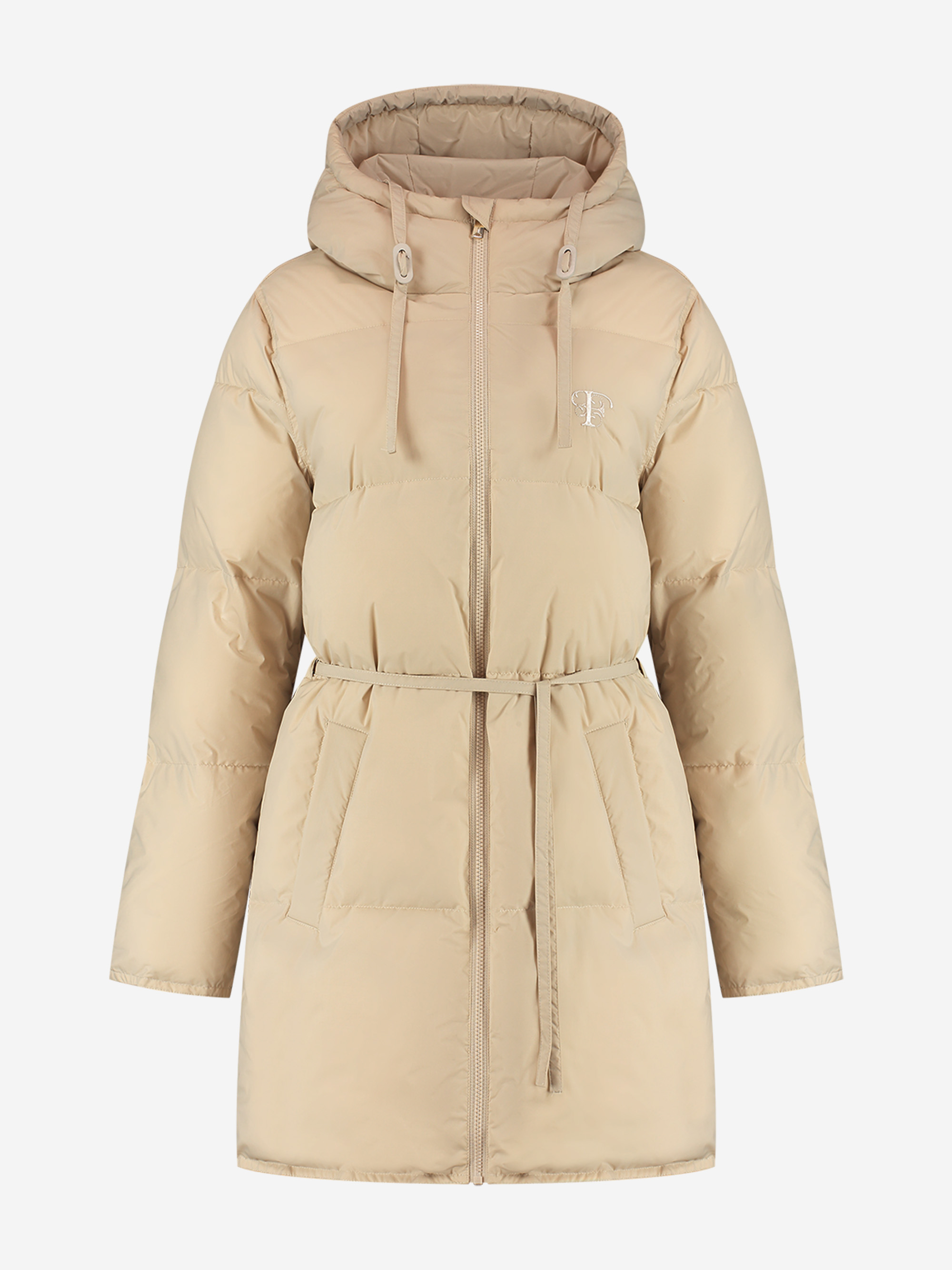 Puffer jas met capuchon en ceintuur