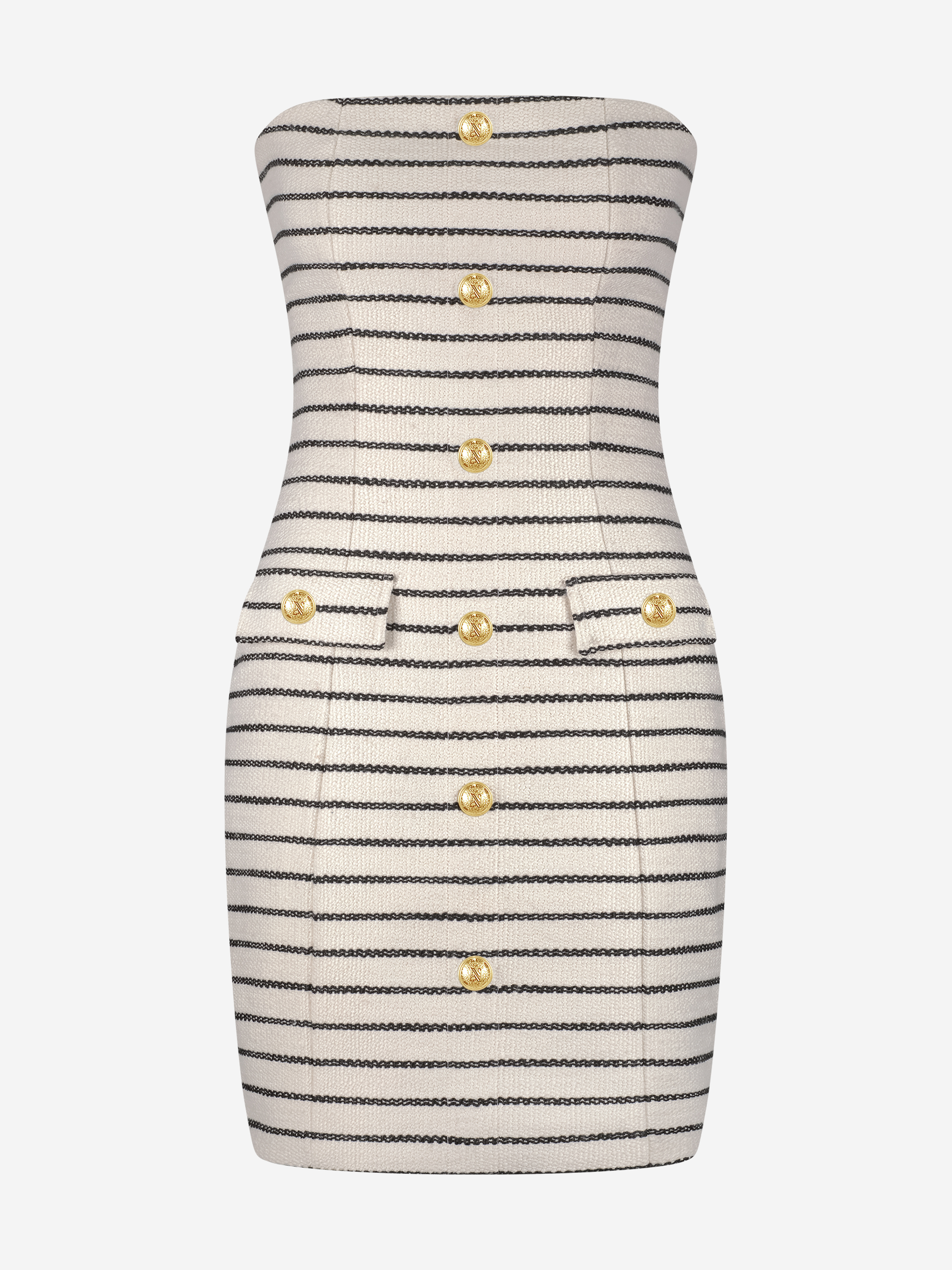 Strapless dress with striped pattern and N-buttons