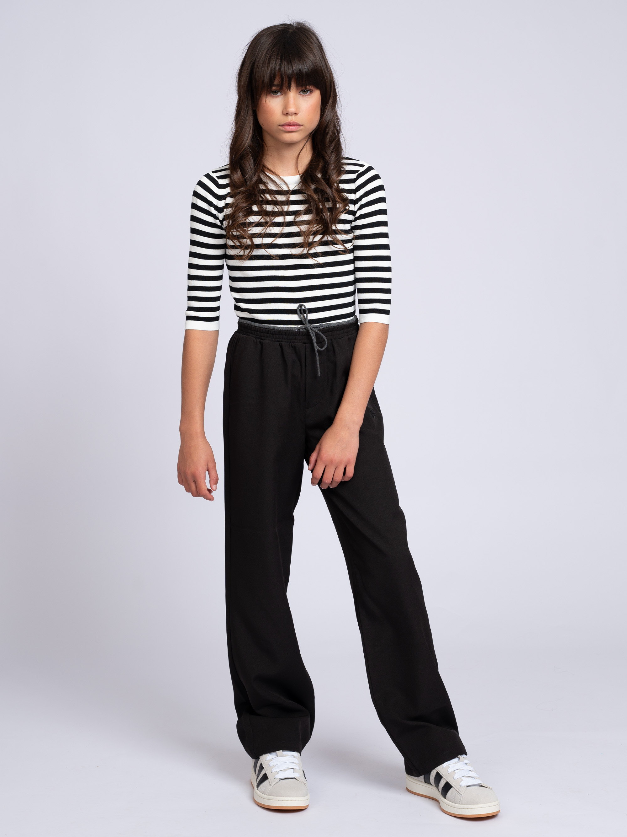Pants with double waistband and drawstring