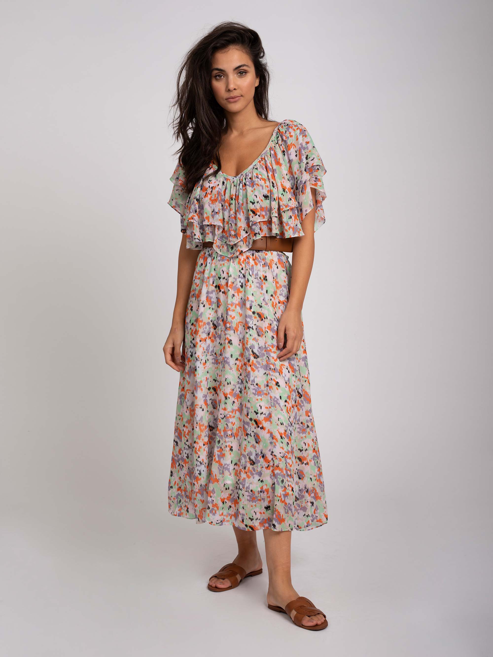 Flower print maxi dress with elastic waistband
