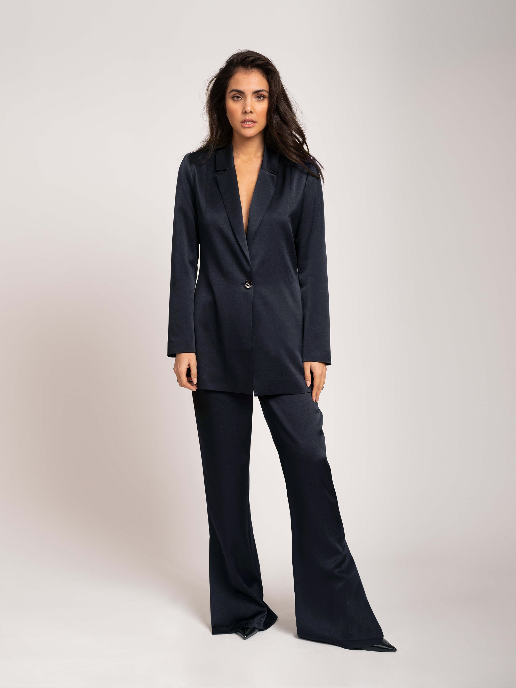 Straight satin look trousers with high rise