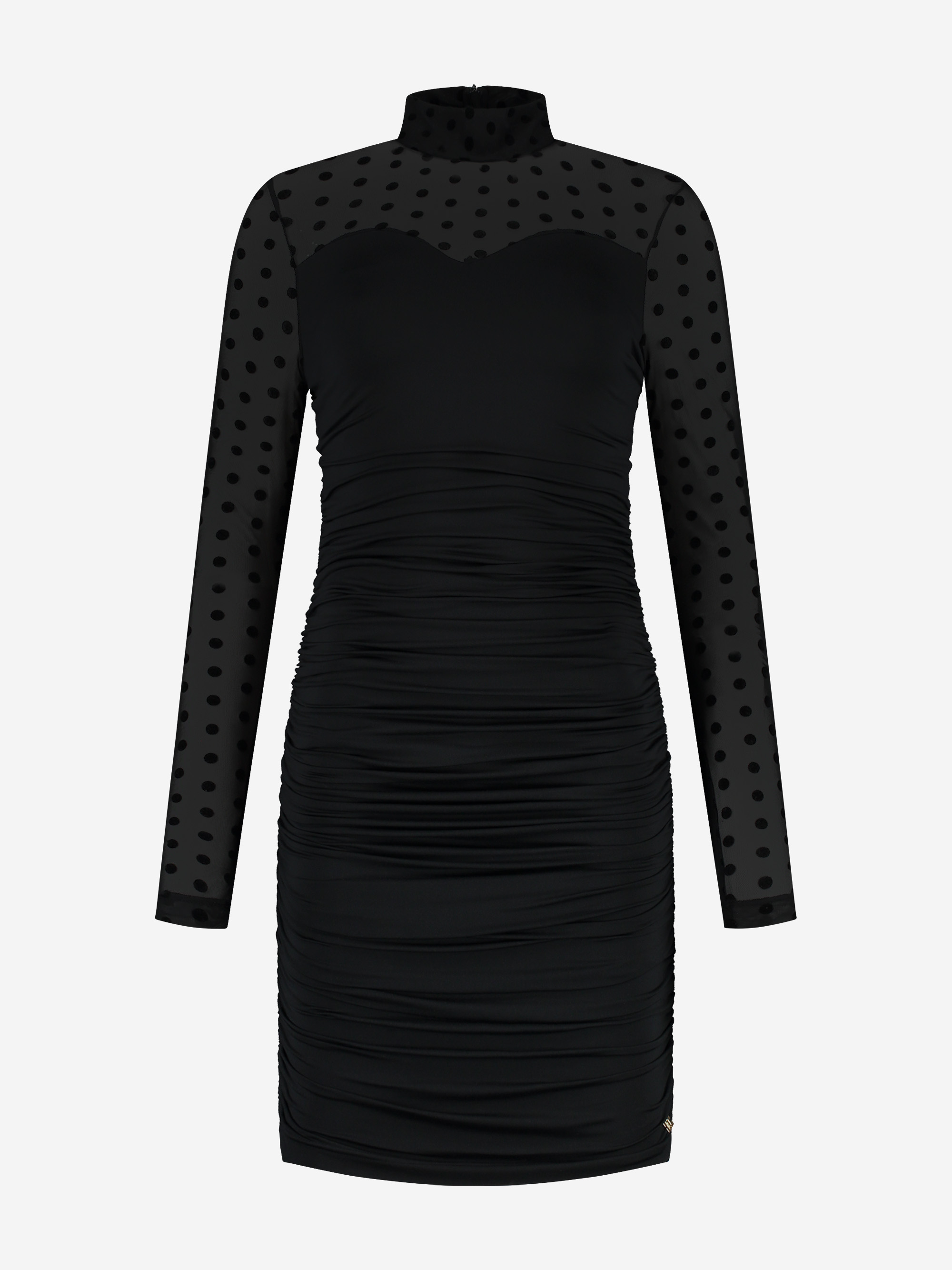 Draped dress with dotted mesh sleeves and turtleneck