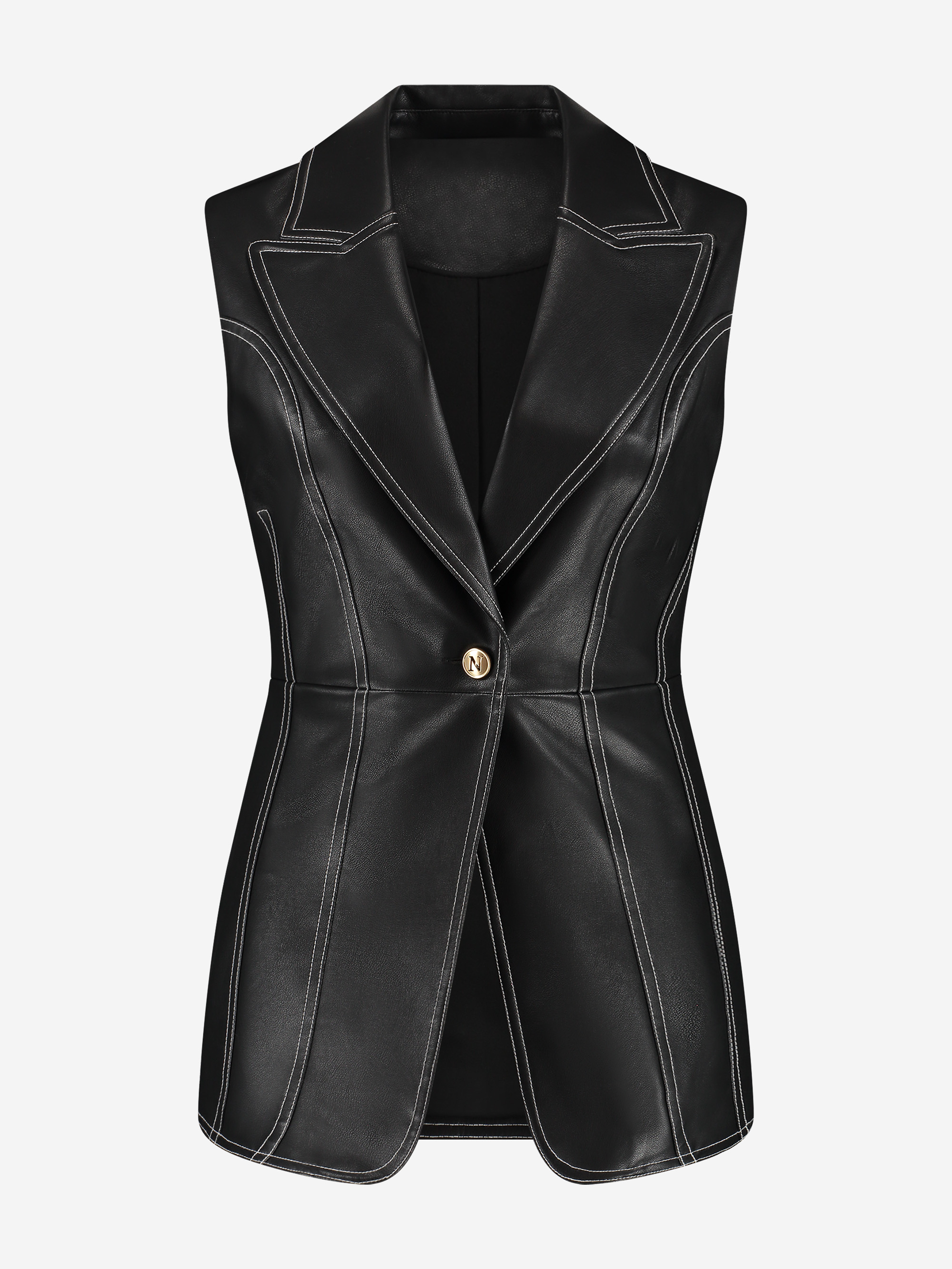 Sleeveless waistcoat made of imitation leather with white stitching