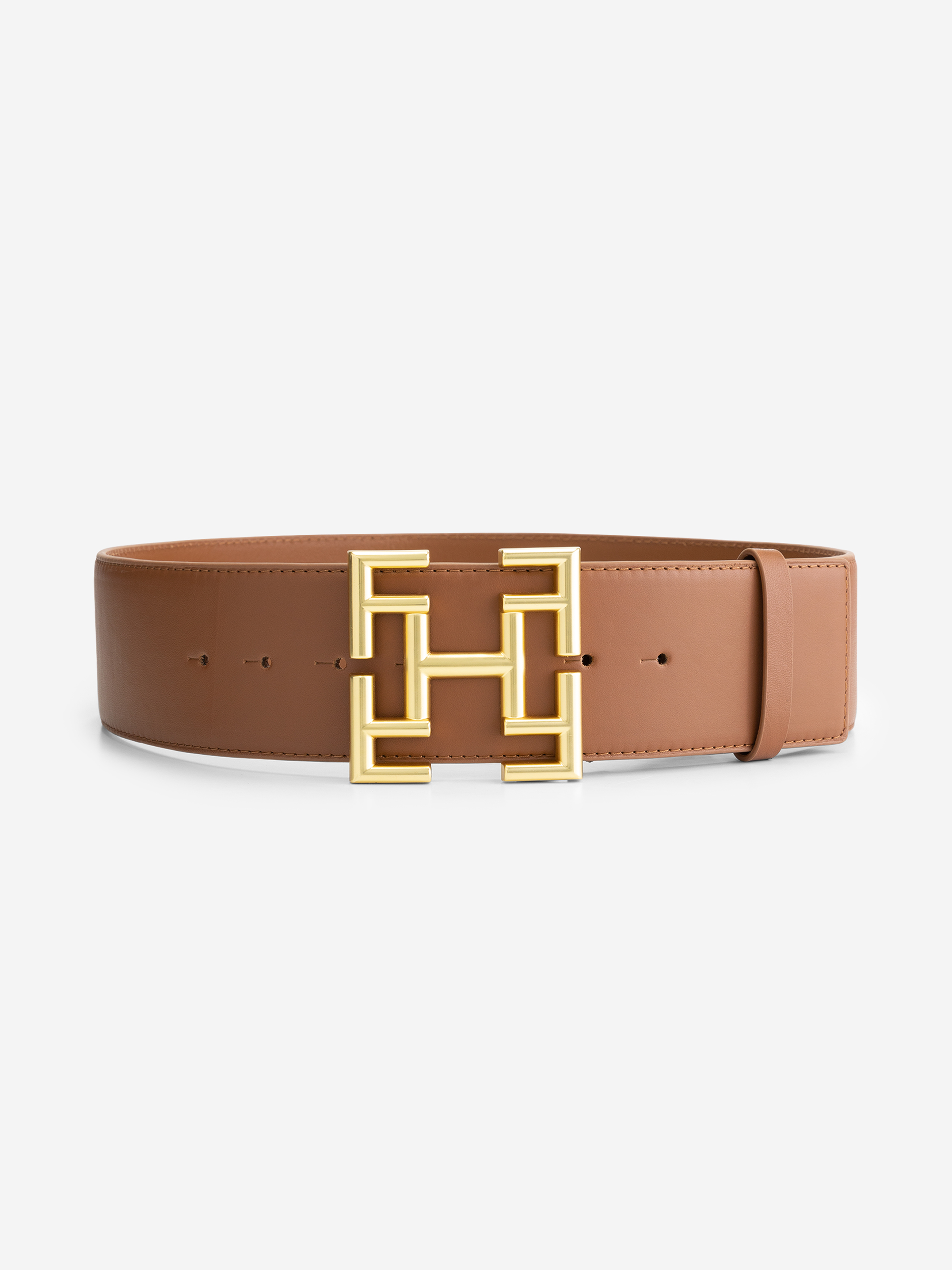 Leather waist belt with logo buckle