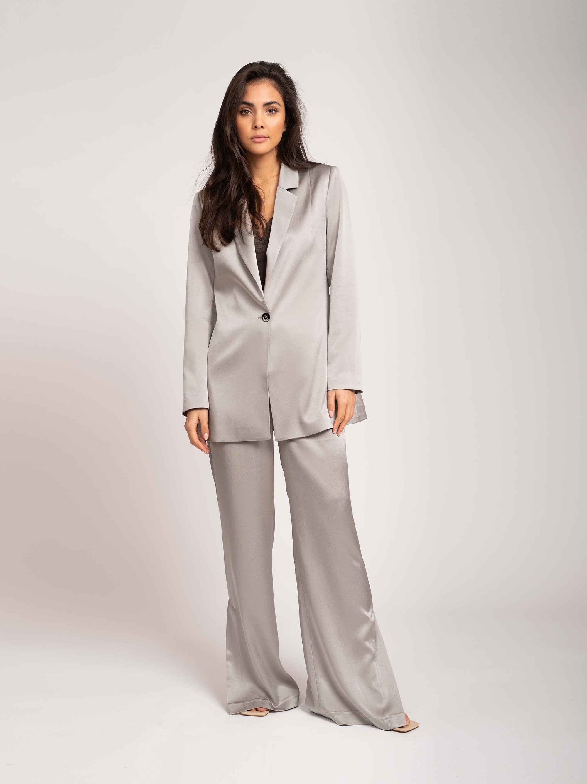 Straight satin look trousers with high rise