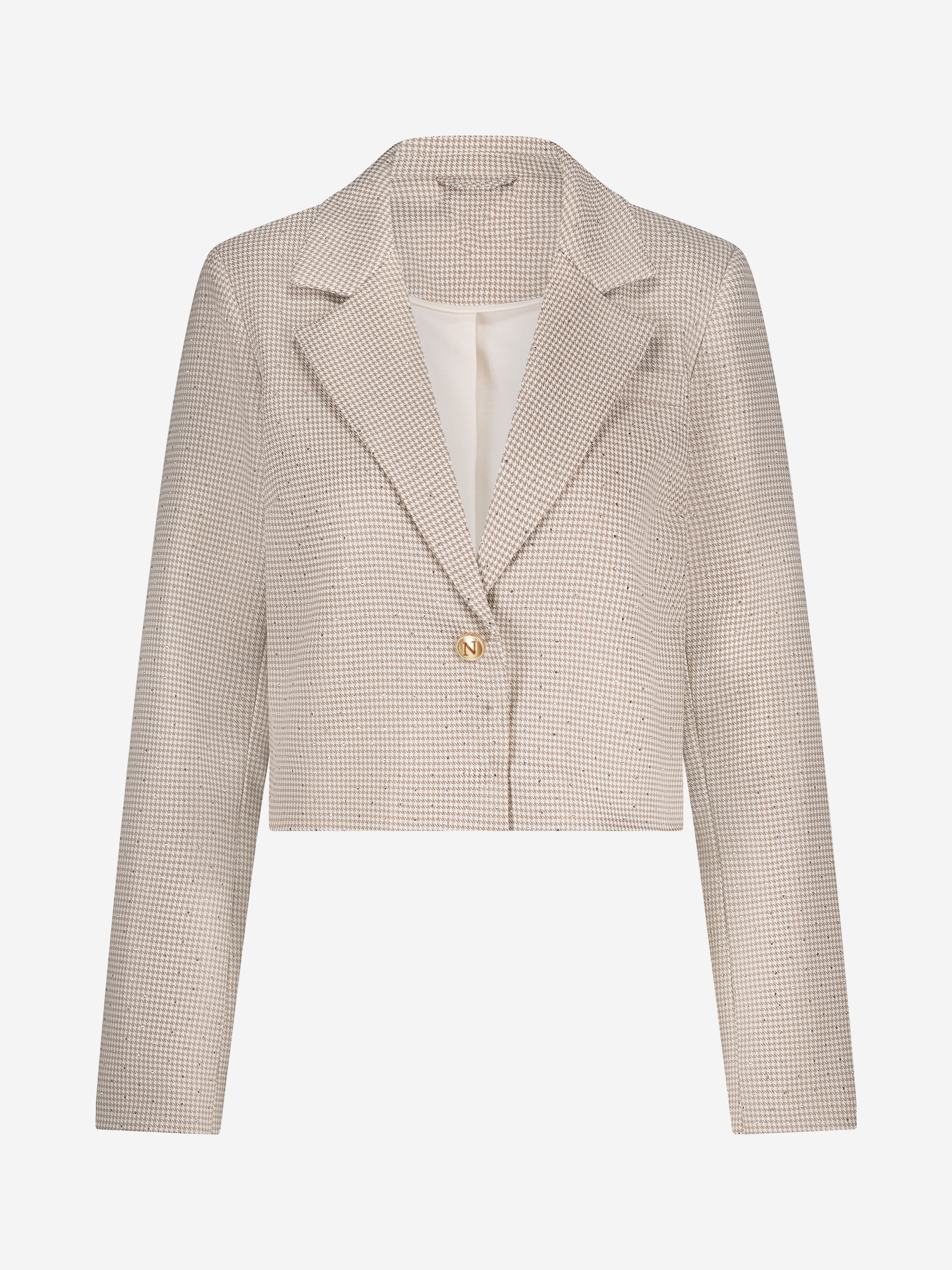Korte blazer met pied-de-poule patroon en strass steentjes