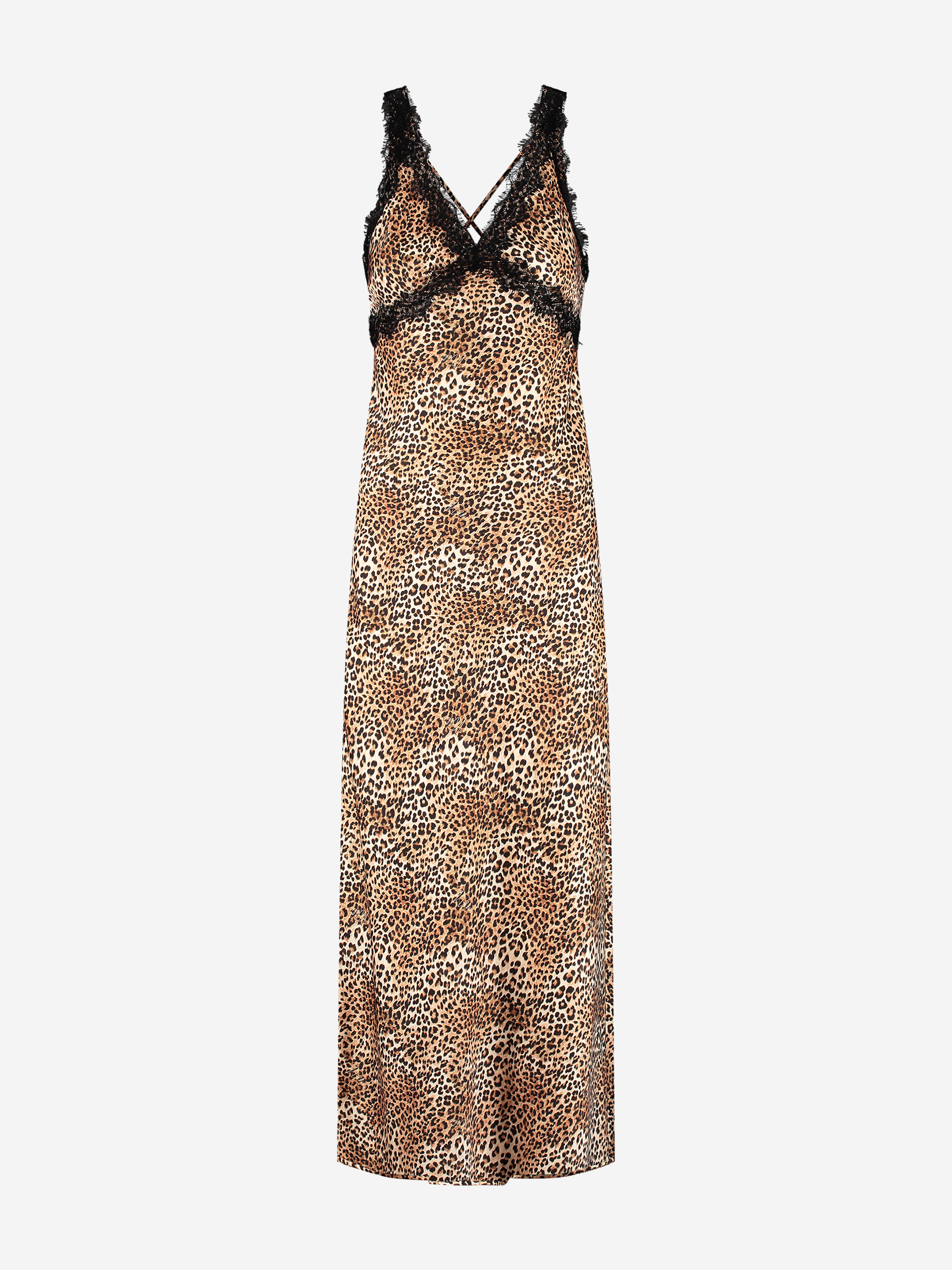 Long satin look dress with leopard print and lace details