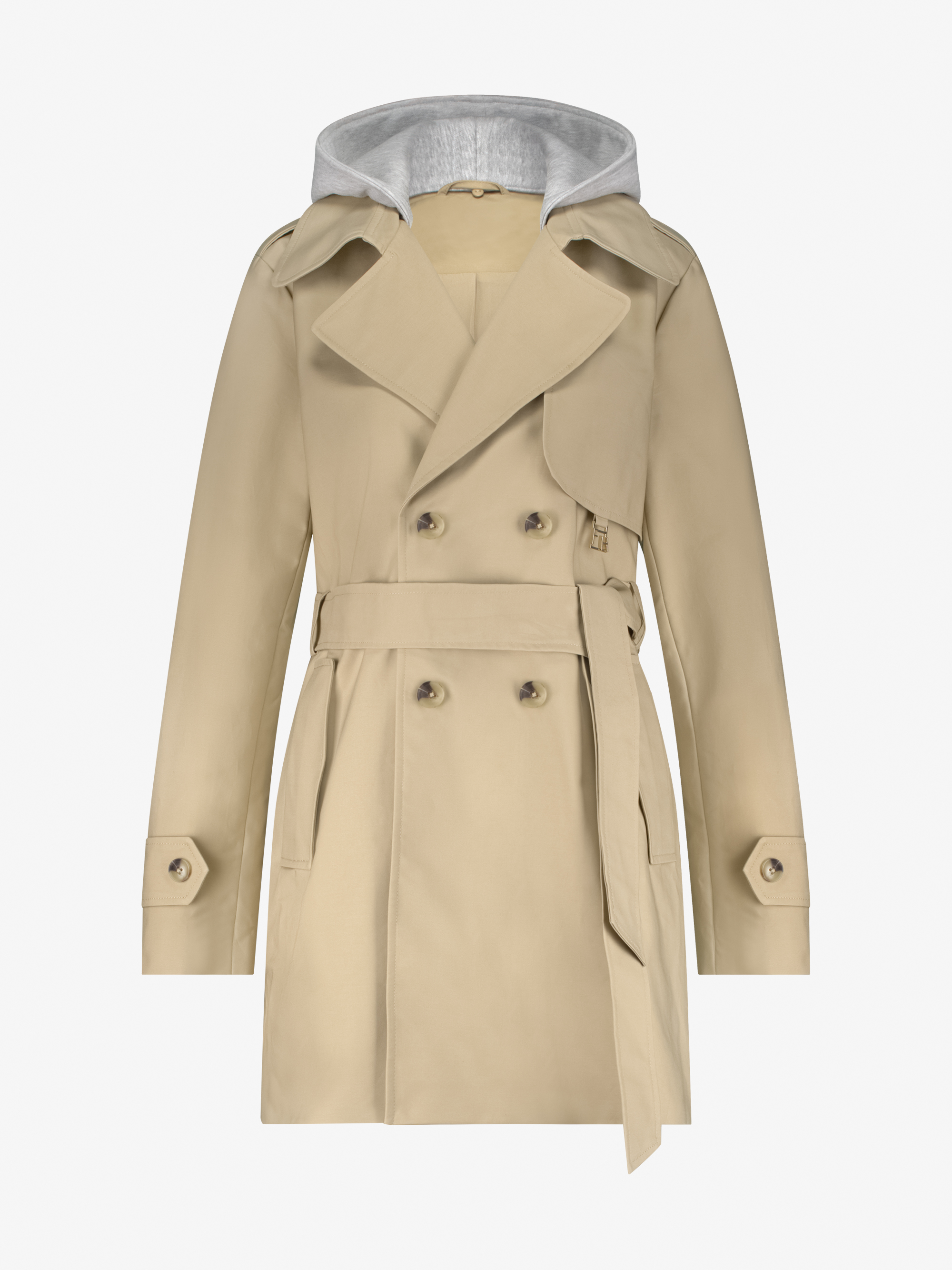 Trenchcoat met capuchon van sweaterstof en ceintuur