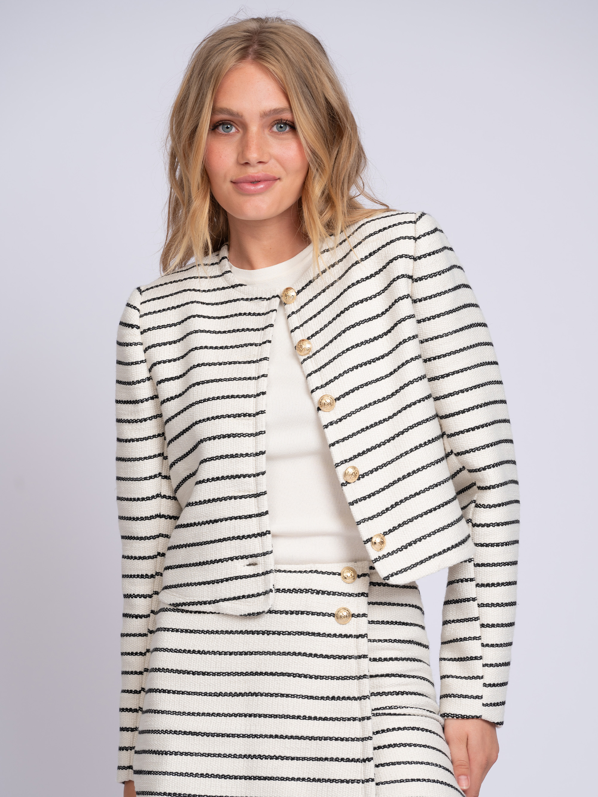 Short woven jacket with striped pattern