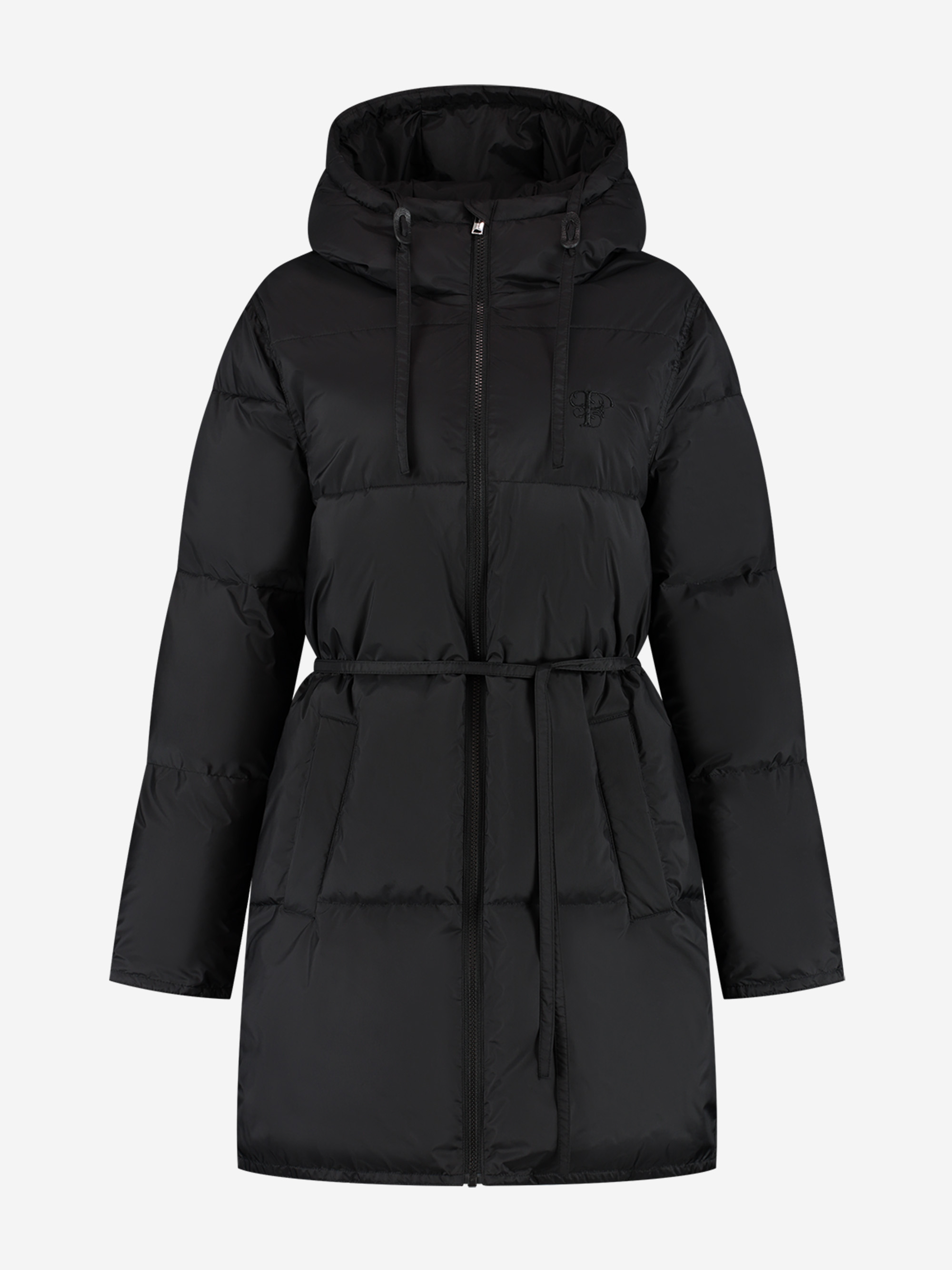 Puffer jas met capuchon en ceintuur
