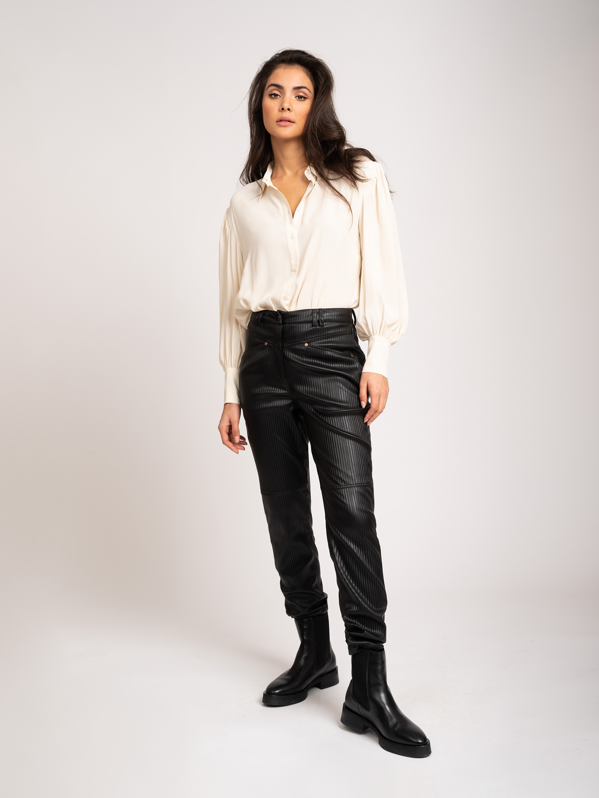 Straight vegan leather trousers with mid rise 