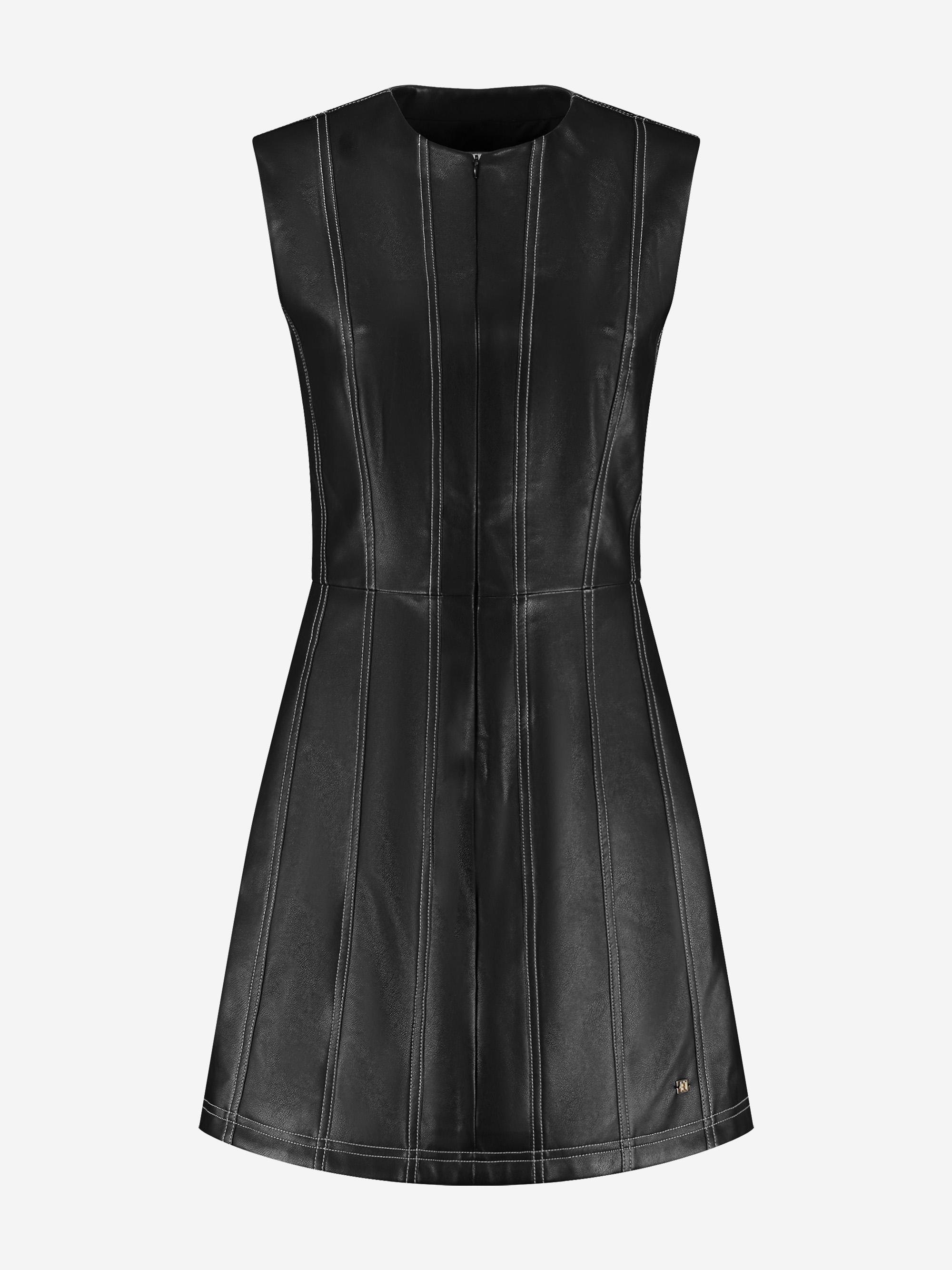 A-line dress made of faux leather with decorative white stitching