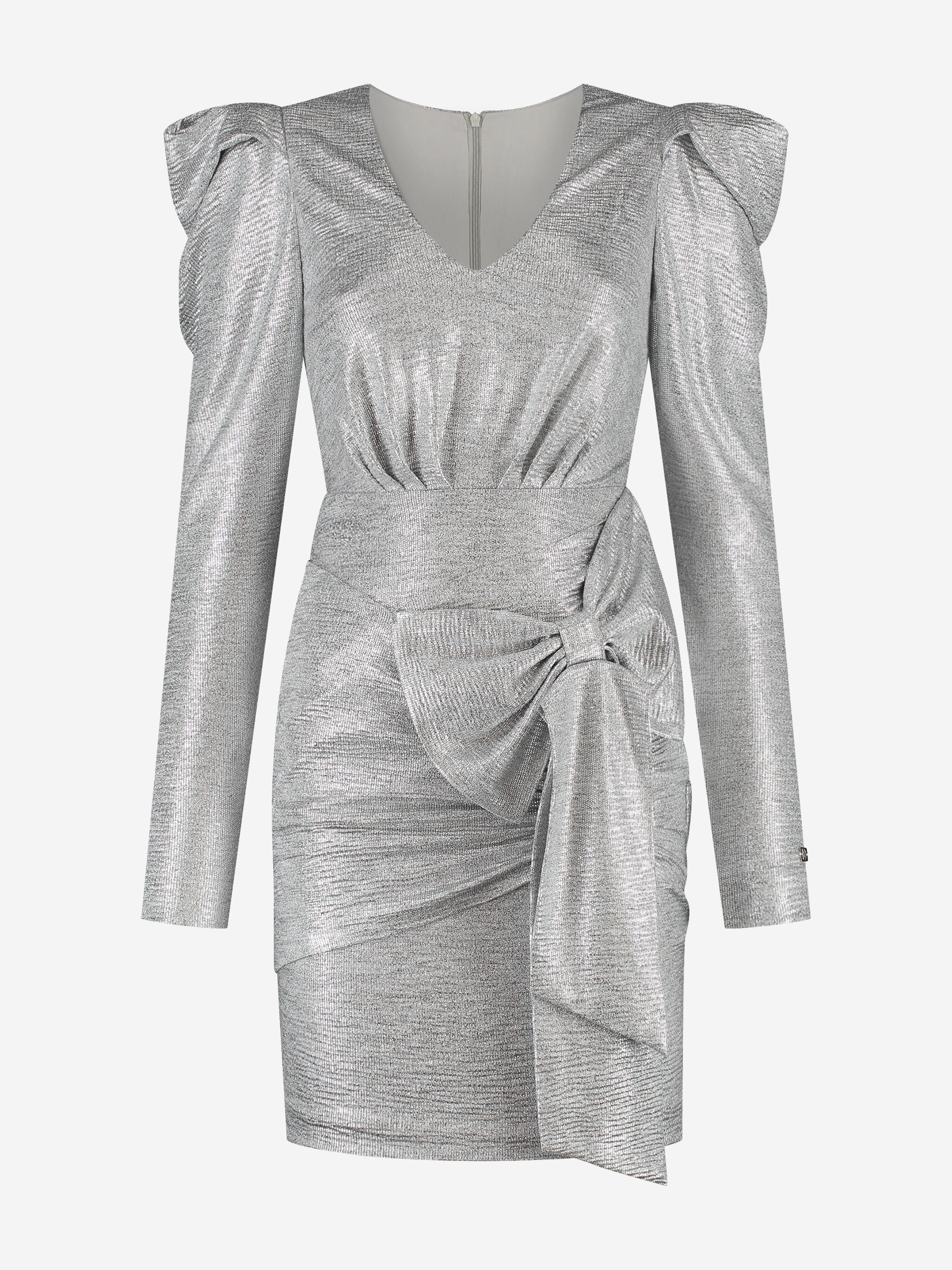 Metallic dress with puff sleeves and bow detail